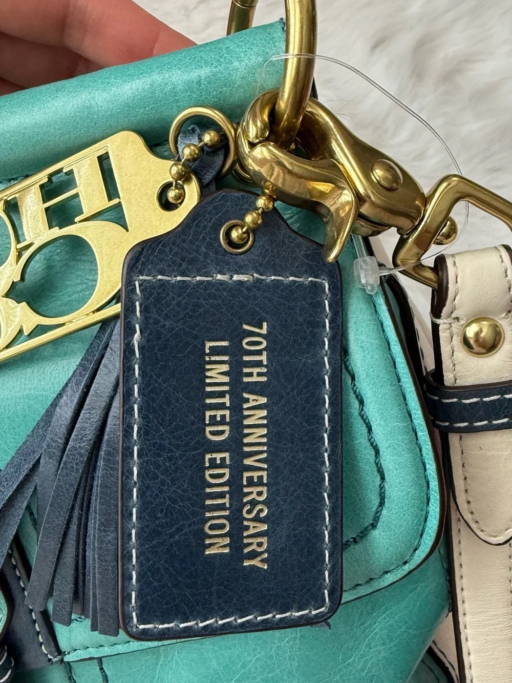 Coach Teal Leather Satchel with Tassel and Gold Hardware